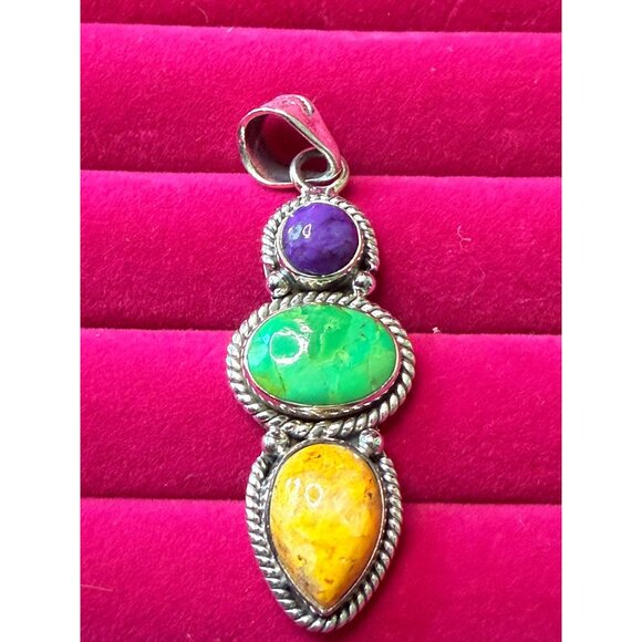 Jewelry - Sterling Silver Pendant With Purple Mojave Green Apple & Honey Dahlia Turquoises